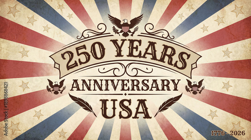 Celebrating 250th Anniversary of United States of America with patriotic symbols and vintage style, marking years 1776-2026