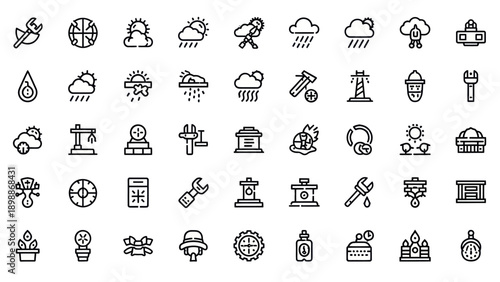 Weather Icons Set: Sun, Cloud, Rain, Lightning, Snow, Tools, Engineering, Construction, Technology