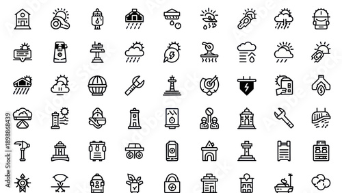 Weather Icons Set: Sun, Cloud, Rain, Snow, Lightning, Wind, Fog, Thermometer
