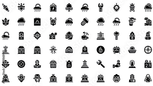 Weather Icons Set: Sun, Cloud, Rain, Lightning, Wind, Snow, Thermometer, Umbrella
