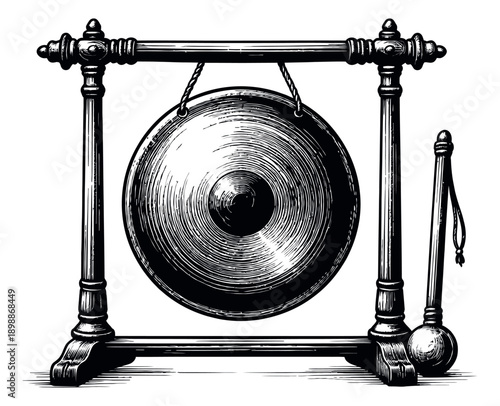 Hand drawn illustration of a gong with a mallet on a stand for music and meditation