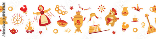 Vector seamless border on the theme of the Russian holiday Carnival. Russian translation Shrovetide or Maslenitsa. Slavic style collection in red and yellow tones
