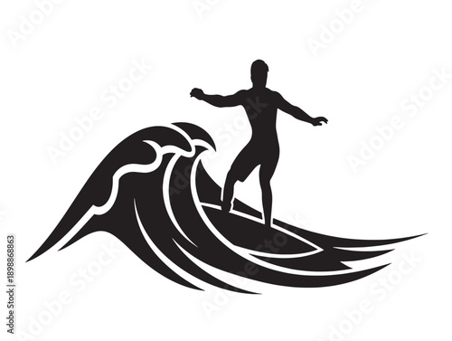 Dynamic silhouette of surfer riding a wave