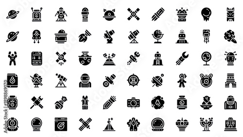 Space Icons Set: Planets, Astronauts, Satellites, Robots, Rockets, Telescopes