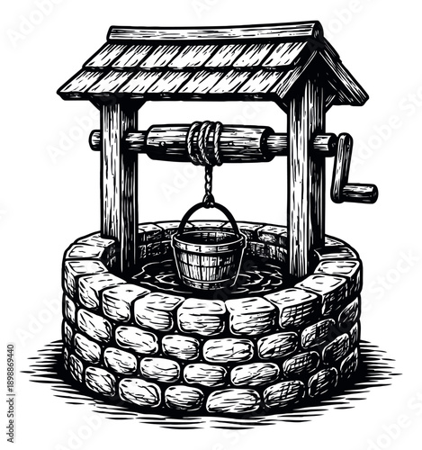 Line art illustration of a wishing well depicting a bucket in the water for vintage design