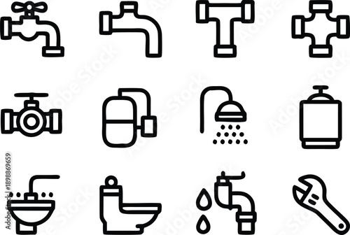 Plumbing icons set featuring various water taps pipes shower heads toilet and wrench tools for maintenance