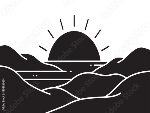 Minimalist black and white landscape with rising sun