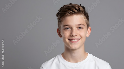 Portrait of a smiling young man with modern haircut isolated on gray background