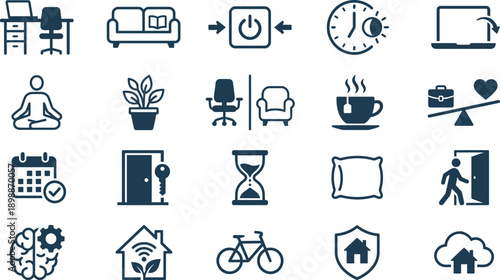 A collection of simple blue icons representing various daily activities and objects arranged in a grid pattern.