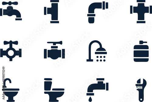 Solid plumbing glyph icons collection with water faucets pipes valves shower and sanitary hardware symbols