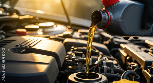 Engine oil is being poured into a car's engine while the sun sets, highlighting the importance of maintenance for vehicle performance.