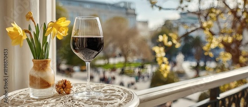 Daffodils in a small vase and a glass of red wine sit on an ornate table, overlooking a bustling outdoor scene. Yellow flowers and blurred trees create a warm, vivid spring atmosphere