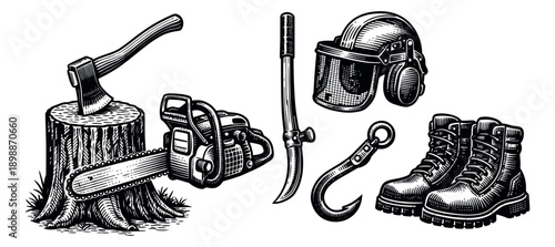 Hand drawn vintage style lumberjack equipment set featuring essential tools and safety gear for forestry work