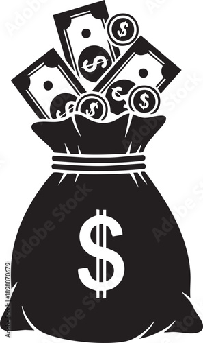 A money bag overflowing with cash and currency symbols from a front viewpoint