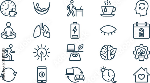 Collection of simple line icons representing various health and wellness concepts displayed on a clean white background