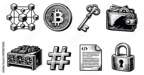 Hand drawn line art technology and cryptocurrency icon set featuring blockchain, bitcoin, key, wallet, mining rig, hashtag, code, and padlock for digital finance and security concepts