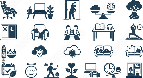 Collection of modern lifestyle icons representing daily activities and home decor viewed from a straightforward perspective