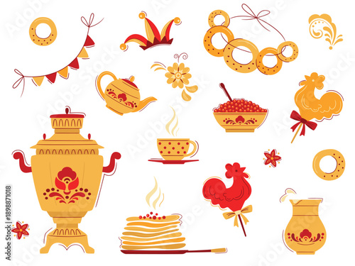 Vector set on the theme of the Russian holiday Carnival. Russian translation Shrovetide or Maslenitsa. Slavic style collection in red and yellow tones