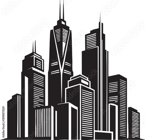 Cityscape illustration of modern skyscrapers and urban architecture viewed from a low angle