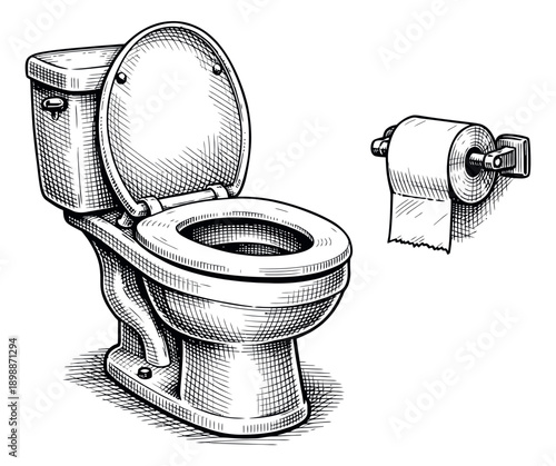 Hand drawn line art bathroom set featuring a toilet with an open lid and a toilet paper roll for hygiene concepts