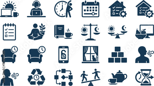 Collection of lifestyle icons representing daily activities and routines in a monochrome visual style