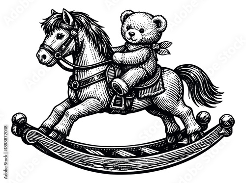 Hand drawn line art illustration of a teddy bear riding a rocking horse depicting childhood play for children's room decor and vintage toy concepts