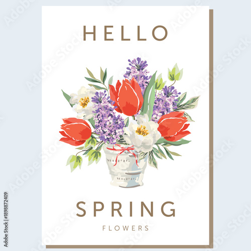 Red tulips, lilac flowers, peonies in the pot, bow, text, white background. Poster, banner template. Vector illustration. Spring garden. Floral design