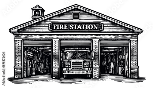 Engraved style illustration of a fire station depicting a fire truck ready in the garage for emergency services