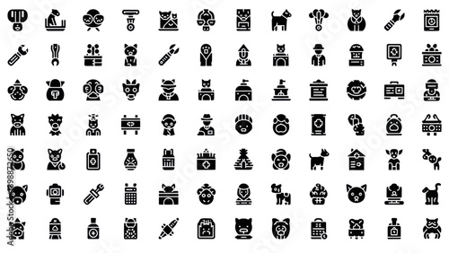 Pet Care Icons Set: Dog, Cat, Vet, Tools, Medicine, Safety, Food, Toys