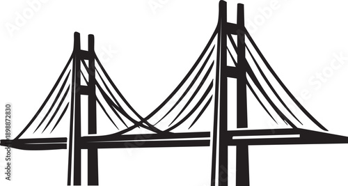 Cable-stayed bridge illustration with modern architecture and infrastructure in a minimalist style from a frontal viewpoint