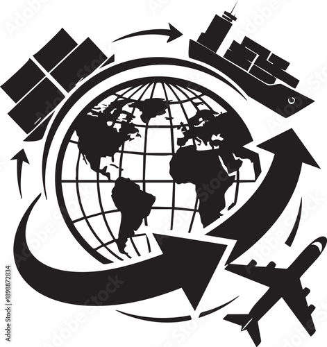 Global Logistics and Transportation Network Illustration Featuring Airplane, Ship, and Satellite in Circular Motion Around the Earth