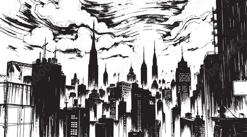 City landscape. Different buildings on street, outline cityscape hand sketch, flat houses. Hand drawn vector illustration