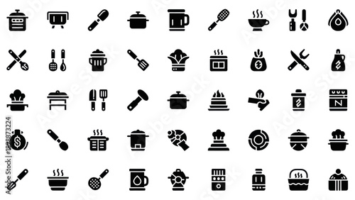 Kitchen Utensil Icons Set: Cooking Tools, Pots, and Appliances