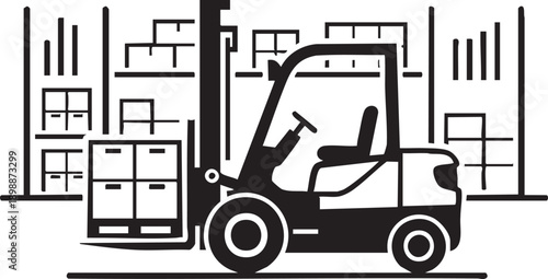 Forklift operator lifting cargo in a warehouse with storage racks and boxes from a side viewpoint