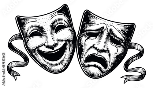 Hand drawn line art theatre masks set featuring comedy and tragedy expressions for drama and performing arts concepts