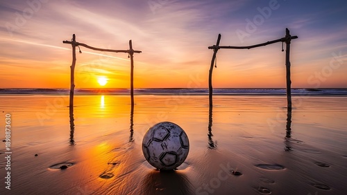 Soccer ball on a serene beach at sunset with makeshift goalposts made of driftwood standing guard in the calm atmosphere of a picturesque shoreline scene.