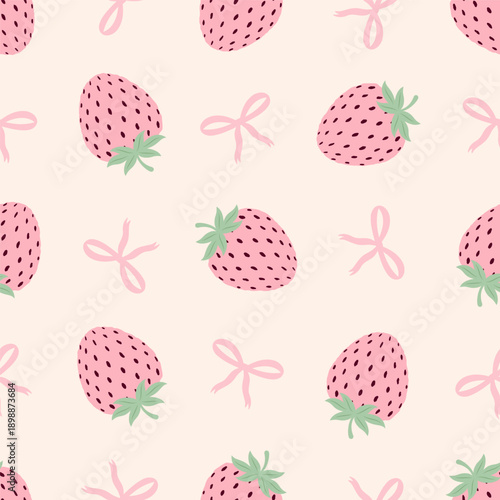 Seamless pattern with cute pink strawberries and pink bows. Coquette aesthetic design for summer textiles and wallpaper.