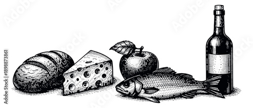Hand drawn line art food and drink set featuring bread, cheese, apple, fish, and a wine bottle for culinary designs