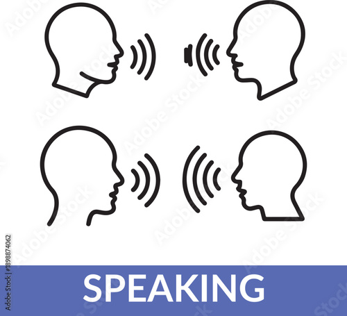 Line art illustration depicting two pairs of heads in profile facing each other suggesting conversation