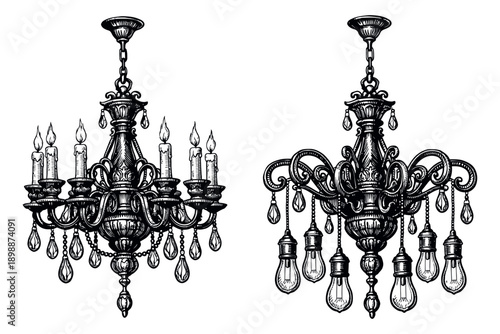 Hand drawn line art chandelier set featuring vintage candles and modern light bulbs for elegant decor