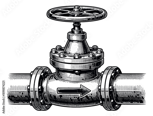 Hand drawn line art illustration of an industrial valve on a pipe depicting fluid flow regulation for engineering and plumbing designs