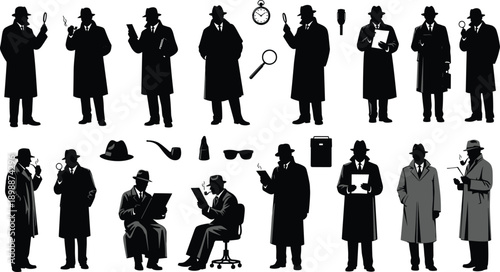 Detective silhouette icon set with trench coats, accessories, and poses, vector illustration, editable design, isolated mystery symbols