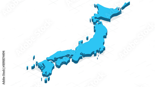 Isometric 3D map of Japan in blue, showing main islands and topography, vector illustration, editable design, isolated graphic