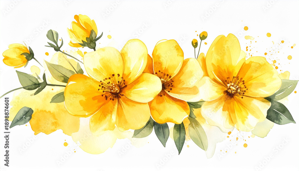 Obraz premium Hand-drawn watercolor illustration of flowers, soft yellow splashes, botanical art style, loose sketchy lines