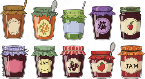 Jam jar icon set with fruit labels, spoons, and decorative lids, vector illustration, editable design, isolated food graphics