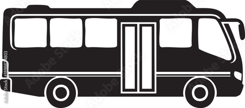 A black and white illustration of a bus viewed from the side on a simple background