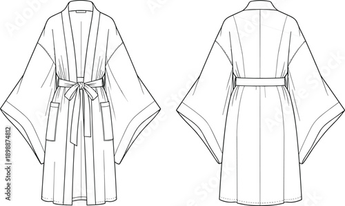 Kimono robe technical sketch, wide sleeve wrap design, belt tie front and back views, fashion flat garment illustration