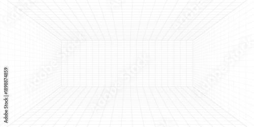 Room projection grid in futuristic 3d style. Outline futuristic grid background, room projection. Wireframe grid template in perspective view. Vector