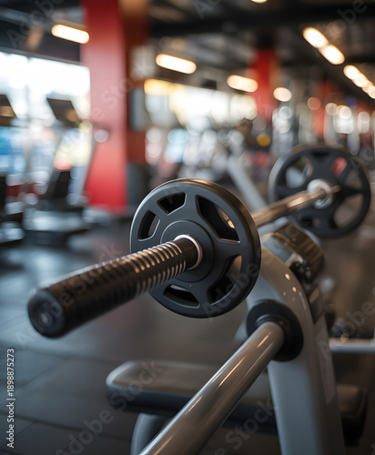 Barbell and weight plate on gym floor with fitness equipment in background, strength training and workout concept for bodybuilding, health, exercise motivation and active lifestyle themes
