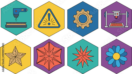 Hexagonal icon set, CNC machine, warning triangle, gear, 3D printer, starburst, flower symbol, maker space graphics
